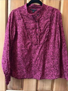 Banana Republic Magenta Paisley Ruffle-Neck Blouse